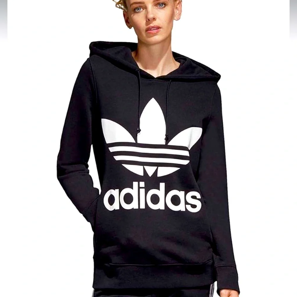 Adidas Trefoil Pullover Hoodie - Black, XS, 100% Cotton, Relaxed Fit - Picture 1 of 12
